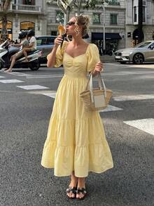 2026 Summer New Arrival French Elegant Dress, Yellow Bohemian Style Square Collar Short Sleeve Waist Flared Skirt, Minimalist Casual Vibe, Suitable For Vacation, Beach, Music Festival, Commute, Date, Leisure Wear - Yellow - View 11