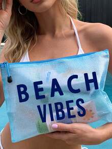 多色防水時尚網布沙灘包,印有「Beach Vibes」圖案的化妝包,沙灘主題。大容量透明化妝包配尼龍拉鍊,便攜式化妝收納包,適合女性使用,可收納化妝品、洗漱用品和旅行必需品,適用於日常使用、度假、出差、健身、沙灘,適合學生、旅行者和美容愛好者,非常適合夏季假期、生日和伴娘禮物,可用作化妝包和洗漱包 - 彩色 - 查看 7