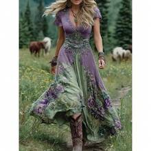 Boho Floral Embroidered Maxi Dress - V-Neck Lace Trim Short Sleeve Tiered Skirt, Perfect For Cottagecore & Garden Events, Romantic Vintage Style,Women's Dress, Women's Jumpsuit - SJWVLDX-K-5 - 查看 7