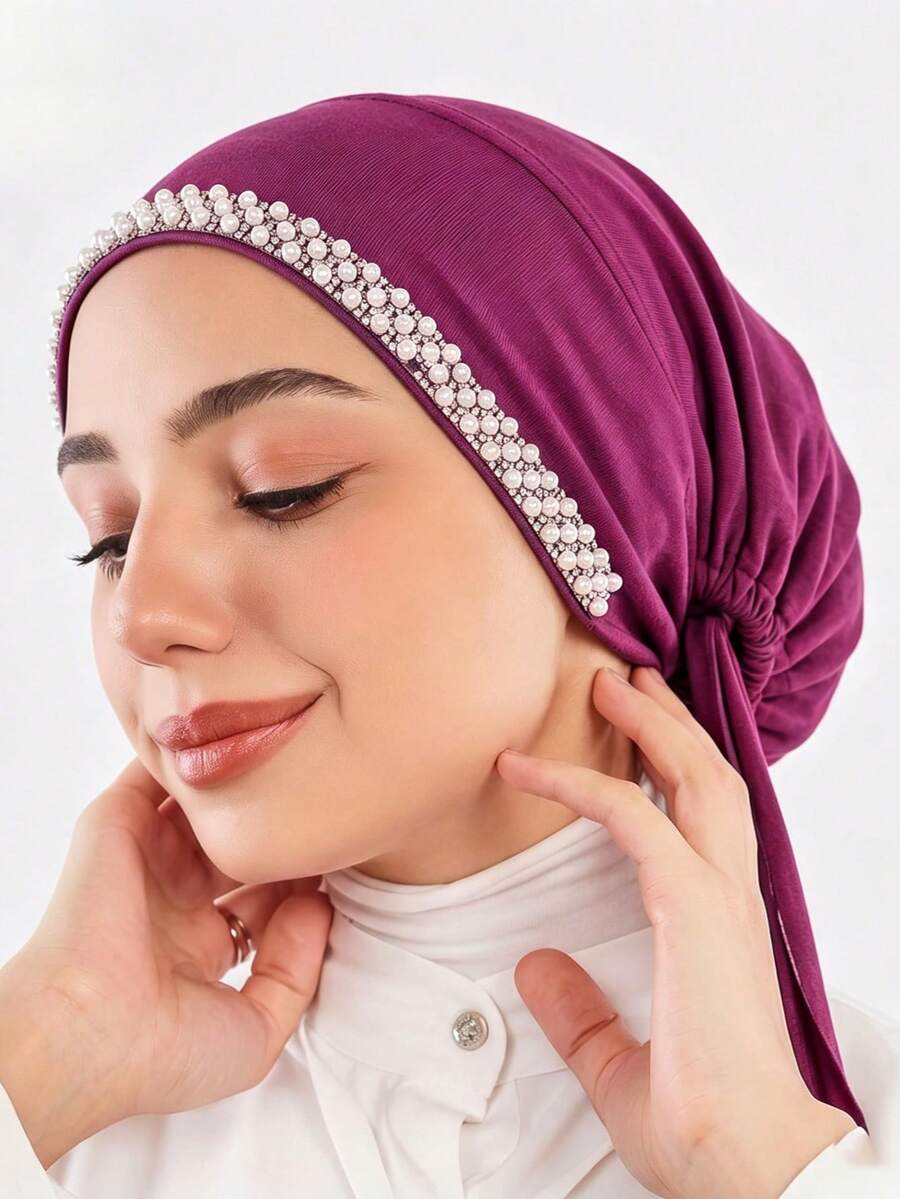 1PC Women's Fashion Solid Color Rhinestone Muslim Tie-Up Hat, Versatile Scarf Headscarf Undercap, Suitable For Daily Wear