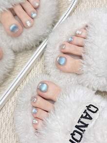 12pcs Handmade Press On Nails, Short Square Blue Cat Eye With Iridescent Glitter, Toe/Finger Fake Nails For Women - Multicolor - View 6