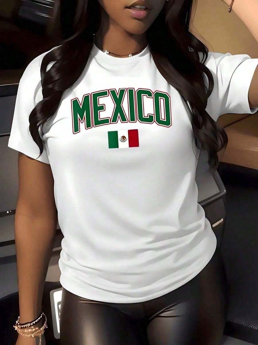1 Piece Of Women's Vintage-Style Mexican Flag Graphic Print T-Shirt, National Pride, Crew Neck, 100% Cotton, Urban Style, Summer Outfit. Women's Short-Sleeved Summer T-Shirt, Vintage Style, Perfect For Festivals And Sporting Events. Simple And Casual, Excellent Value For Money. Printed T-Shirt - 白色 - 查看 1