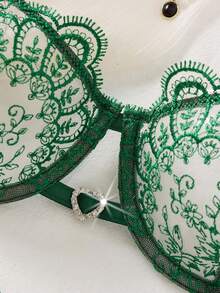 2件組女款刺繡內衣套裝，半透心形胸罩與蝴蝶結內褲，性感睡衣，女款秋季服飾 - 綠色 - 查看 4