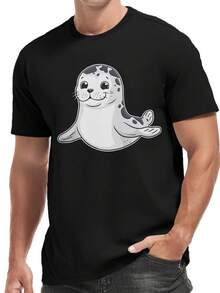 Camiseta Casual de Verano para Hombre con Diseño de Foca de Dibujos Animados - Poliéster Transpirable, Cuello Redondo, Lavable aáquina - Blanco - Ver 9