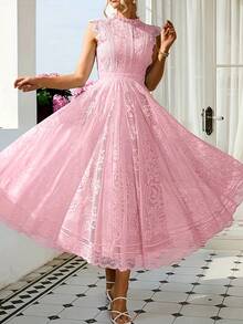 Women's Wedding Guest Dress, New And Elegant Fan-Shaped Lace Flared Dress, Retro Sleeveless Lace Dress, Suitable For Wedding Bridesmaid Dress, Evening Party, Casual Romantic Dates - 象牙白色 - 查看 1