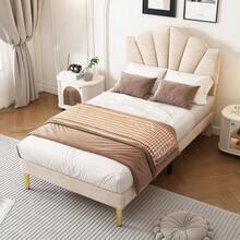 Velvet Upholstered Bed, 90*200 Cm, Shell-Shaped Bed With Golden Iron Legs, Height-Adjustable Headboard, Wooden Slatted Base, With Upholstered Bench, Bench With Storage Space, Beige - Beige - View 2