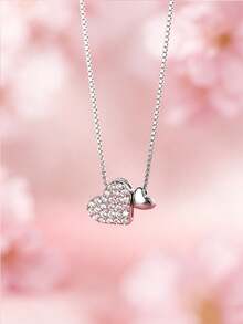 1pc S925 Sterling Silver Double Heart Pendant Necklace, Inlaid With Sparkling Synthetic Zirconia, Sweet And Cute Heart Design, Perfect For Birthday, Back To School, Valentine's Day Gift And Spring/Summer Collection - Love - View 3
