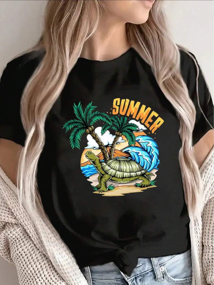 Black Beach T-Shirt With Turtle And Palm Tree Print - Casual Short-Sleeved Round Neck Blouse, Comfortable Fit Suitable For Vacation, Outdoor Activities And Casual Wear, Machine Washable Warm Weather Clothing - 黑色 - 查看 1
