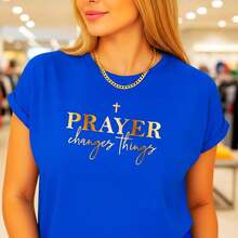 Women's Pure Cotton Graphic T-Shirt With "Prayer Changes Things" Lettering Print, Short Sleeve, Round Neck, Casual Style, Available In Plus Sizes S-5XL, Inspirational Religious Top For Everyday Wear, Black/Gold, 100% Pure Cotton, Bohemian Style. - 藍色 - 查看 1