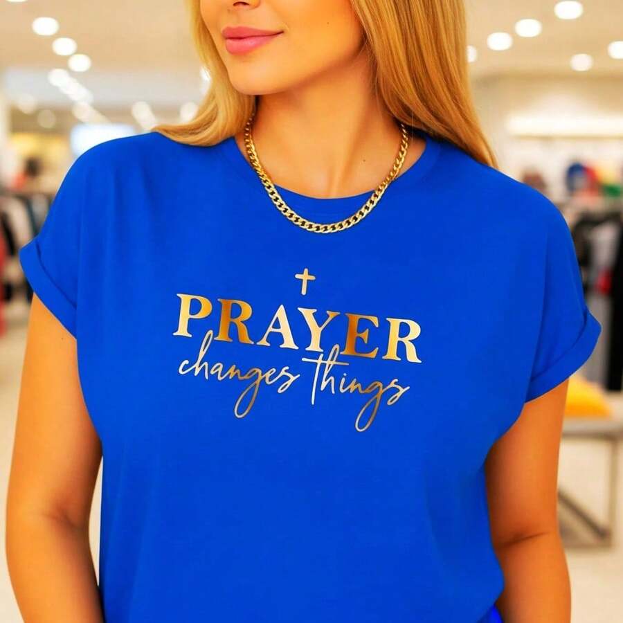 Women's Pure Cotton Graphic T-Shirt With "Prayer Changes Things" Lettering Print, Short Sleeve, Round Neck, Casual Style, Available In Plus Sizes S-5XL, Inspirational Religious Top For Everyday Wear, Black/Gold, 100% Pure Cotton, Bohemian Style. - 藍色 - 查看 1
