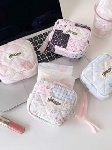 1Pc Kawaii Quilted Mini Storage Pouch With Lace-Up, Floral Bow Print Cosmetic & Sanitary Pad Bag, Portable Travel Organizer For Small Items - Multicolor - View 4