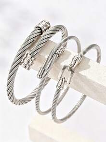 3 buah Gelang Wanita Minimalis Premium Stainless Steel Model Kepang Terpilin Serbaguna - Perak - View 7