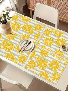 1pc Lemon Pattern Printed Table Runner, 4pcs Lemon Pattern Printed Placemats, Suitable For Holiday, Party, Birthday, Dinner, Kitchen Restaurant Table Decoration, All Seasons Room Decor, Home Textile Decoration Table Runner - Multicolor - View 11