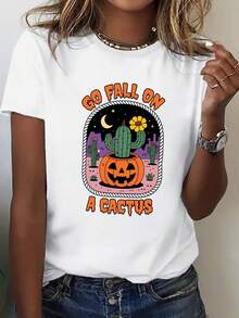 Plus Size Women's Halloween Print T-Shirt - GO FALL ON! Fun "Cactus" Slogan Combined With Cactus, Pumpkin, And Western Desert Designs. - Lightweight, Non-See-Through Casual Top, Suitable For Fall Parties, Western-Style Events, And Everyday Wear. - Easy-Care Crew Neck Blouses. - 黑色 - 查看 5