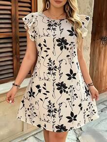 Wine Red Summer Dress With Floral Print And Ruffled Hem, Loose Fit And Festive Style With Ruffled Sleeves And Flare - 黑色 - 查看 5