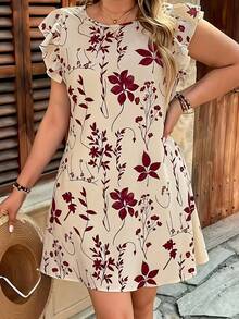 Wine Red Summer Dress With Floral Print And Ruffled Hem, Loose Fit And Festive Style With Ruffled Sleeves And Flare - 藍色 - 查看 3