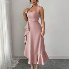 xuehuamaoyi02  Vestido elegante y romántico para mujer de corte ajustado con adorno de volantes y cintura cruzada sin mangas - Burdeos - Ver 6