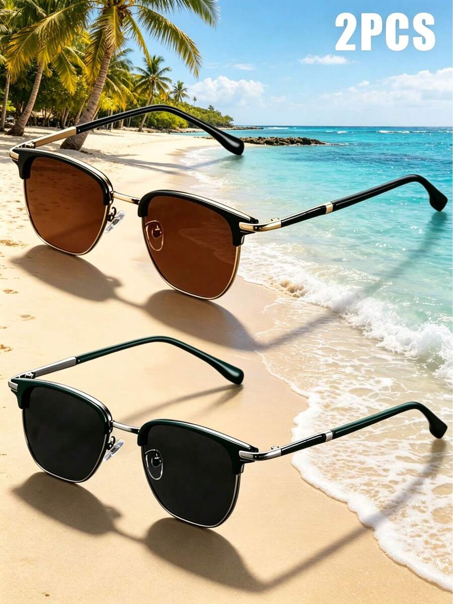 2 pares de gafas de sol unisex con diseño de líneas multifuncionales, protección UV400, estilo de moda clásico para uso diario - Película negra + película de té - Ver 1