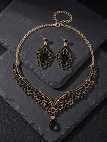 Bộ trang sức nữ 3 món phong cách Baroque cổ điển sang trọng màu đen đính đá rhinestone hình giọt nước gồm dây chuyền và bông tai, bộ trang sức thanh lịch cho tiệc chiêu đãi và tiệc tùng - màu đen - Xem 6