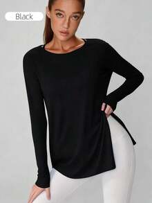 Camiseta holgada de manga larga para mujer, cómoda y versátil|   Camiseta transpirable de cuello redondo, adecuada para yoga, correr, gimnasio y entrenamiento. - Negro - Ver 2