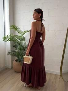 Women's Long, Flowy Strapless Dress With Tie Detail - 鏽棕色 - 查看 2