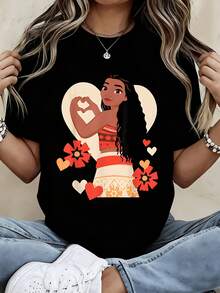 Disney Women Casual Short Sleeve T Shirt  Moana Heart Design Black Print For Valentine Day And Everyday Wear - 黑色 - 查看 1