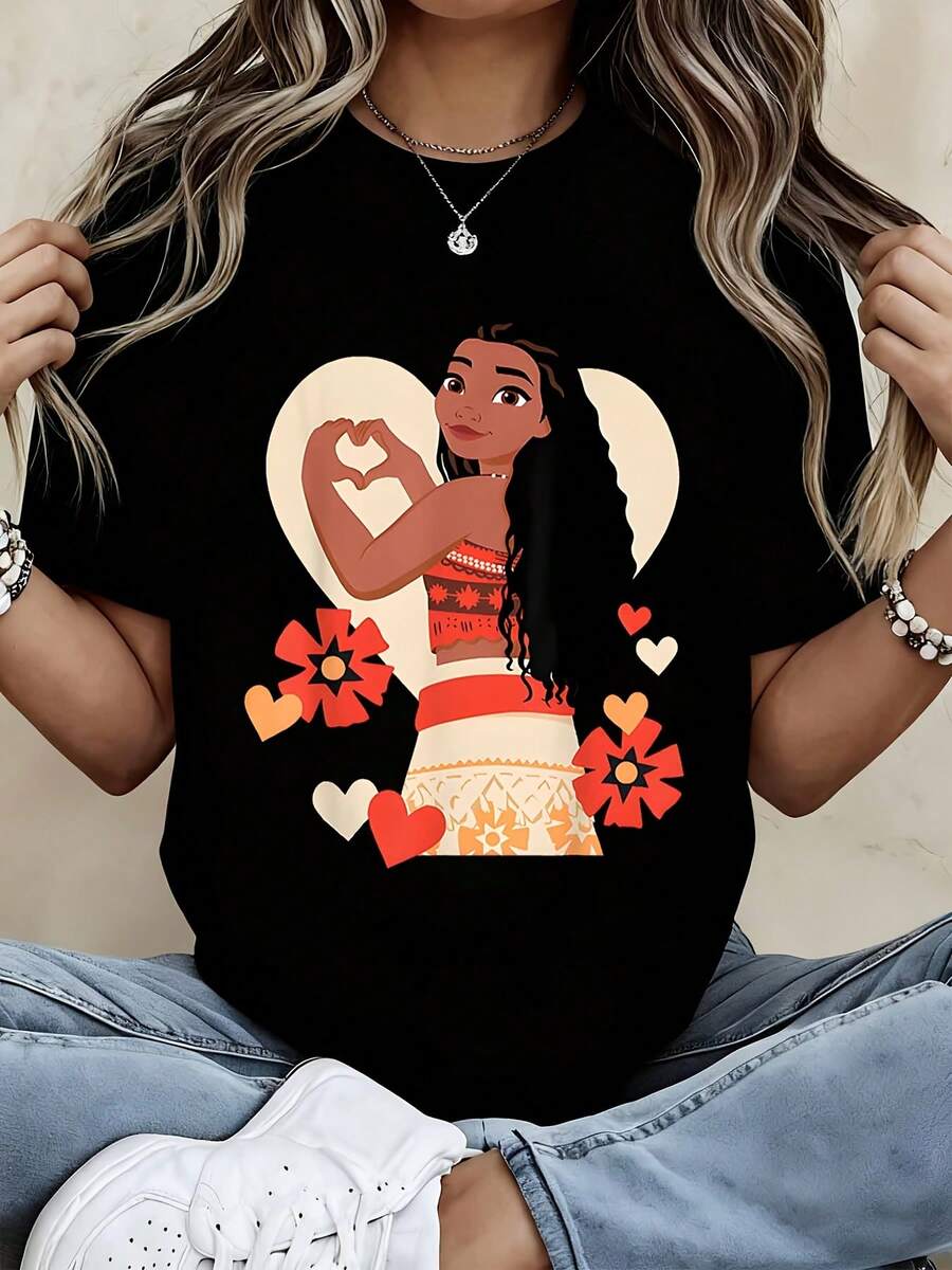 Disney Women Casual Short Sleeve T Shirt Moana Heart Design Black Print For Valentine Day And Everyday Wear - 黑色 - 查看 1