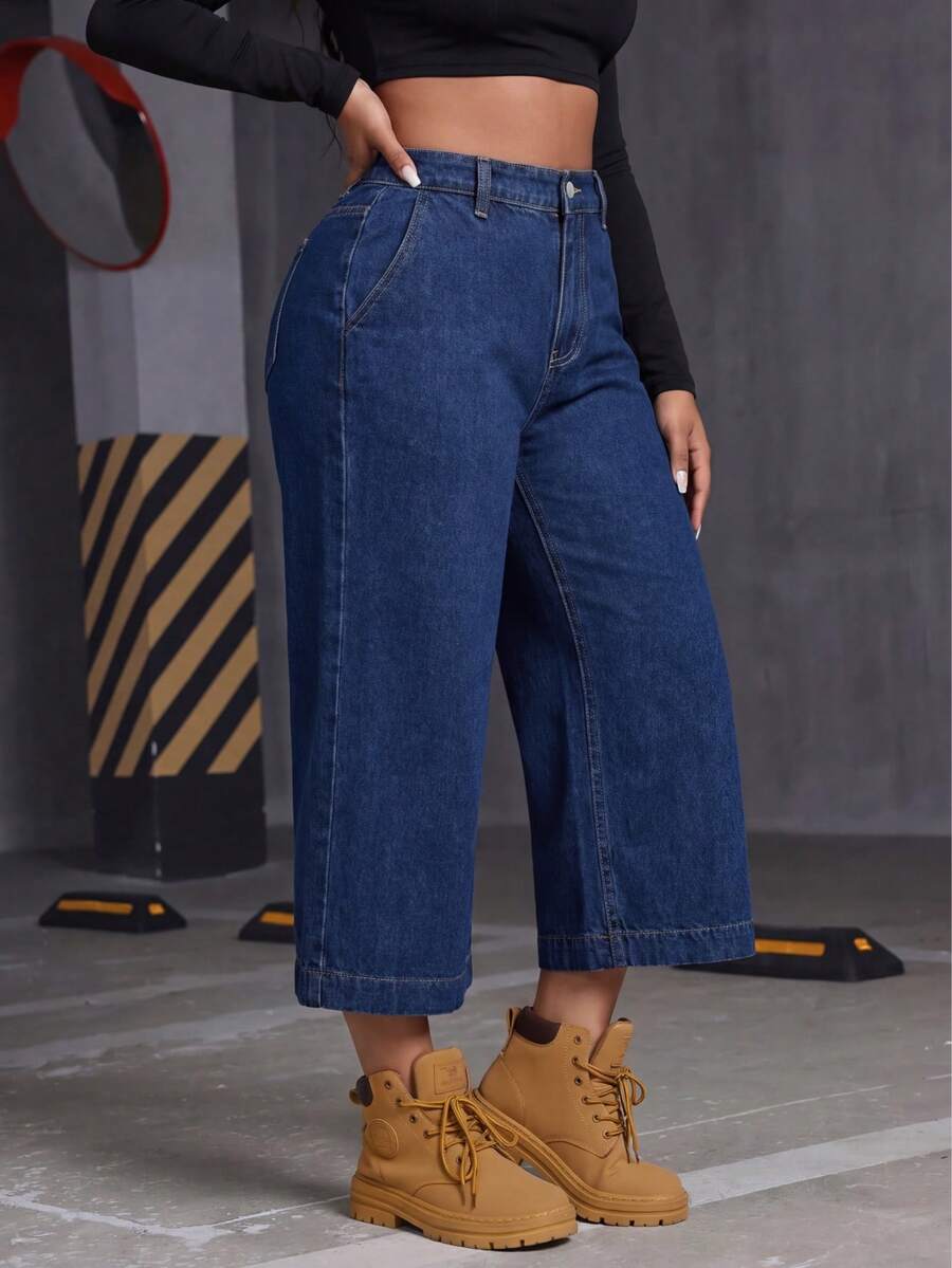 Women's Plus Size High Waist Wide Leg Dark Wash Casual Denim Cropped Jeans - Blue - View 1