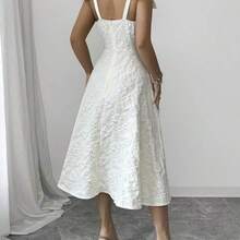 jianchaimaoyi02  Vestido de tela jacquard con textura de loto albaricoque con tirantes, decoración de lazo grande, cintura ceñida, falda acampanada, elegante y grácil, adecuado para regalo de cumpleaños, cita, fiesta, Día del Trabajo, Pascua, boda en el jardín, viaje, casual, trabajo, reunión, Día del Maestro, primavera y verano - Albaricoque - Ver 3