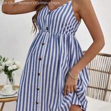 WNSS  Maternidad Vestido de tirantes con estampado de rayas con botón delantero - Azul y blanco - Ver 1