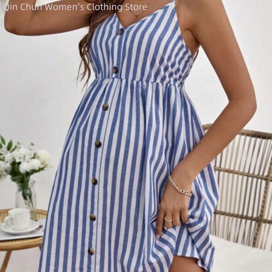WNSS  Maternidad Vestido de tirantes con estampado de rayas con botón delantero - Azul y blanco - Ver 1