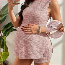 VUUG
  Conjunto de camiseta y pantalones cortos de mujer embarazada de estilo casual con cuadros de tweed y abertura lateral, adecuado para vacaciones, ocio de moda y otras ocasiones - Albaricoque - Ver 2