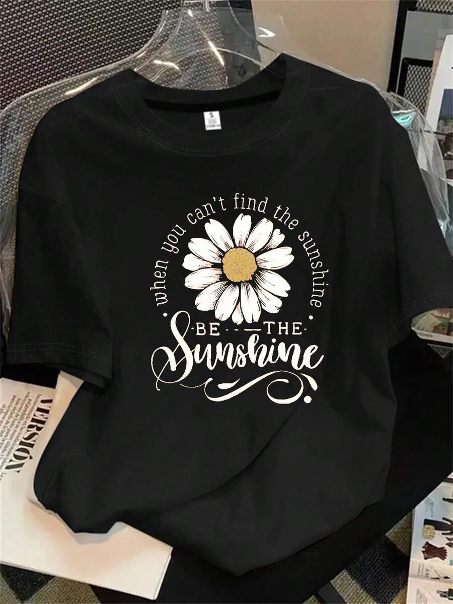 Las camisas de manga corta con cuello redondo para mujer son un símbolo de la vida moderna, llenas de alegría y calidez. Estas camisas estampadas de manga corta son ideales para todas las estaciones. - Negro - Ver 1