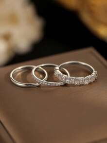 Gift Box Style 3 Pieces Silver Stackable Ring Set, Smooth Band + Round Zirconia Eternity Ring + Princess Square Diamond Wide Band, Suitable For Women's Wedding, Party Wear And Holiday Gifts - Silver - View 2
