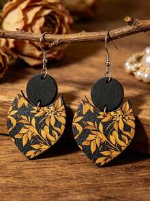 1 Pair Vintage Black & Gold Floral Wooden Earrings, Unique Hong Kong Style Design, Versatile Women's Ear Jewelry - Black Gold - View 1
