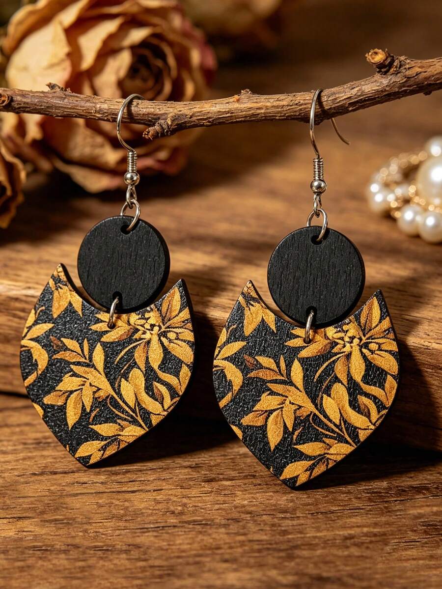 1 Pair Vintage Black & Gold Floral Wooden Earrings, Unique Hong Kong Style Design, Versatile Women's Ear Jewelry - Black Gold - View 1