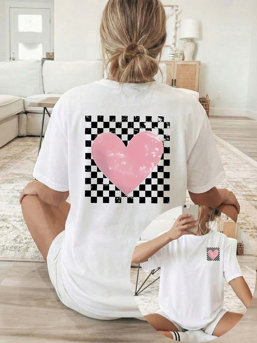 Minimalist. 100% Cotton. 1pac2026 New Arrival Summer [Double-Sided Print] Women's T-Shirt, Casual Short-Sleeved Round Neck Top, Pink Heart Placed On Black And White Checkered Background, Machine Washable, Suitable For Casual Wear, Multi-Purpose Clothing, Fashion T-Shirt, Comfortable Material, Pure Cotton Short Sleeve For Style Enthusiasts. Spring Summer Top - 白色 - 查看 1