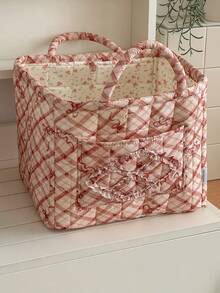 Quilted Diamond Bowknot Storage Basket, Large And Small Sizes, Handheld Desktop Organizer Bin - Red - View 12