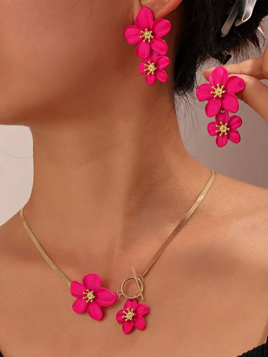 3pcs/Set Fashion Floral Pendant Necklace And Earrings Set, Holiday Gift For Friends And Besties - Style 11 - View 1