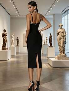 Love Aing Summer New Women's Luxury Evening Gown, Sleeveless Crystal Slit Banquet Sexy Fitted Black Dress, Elegant Long Dress Suitable For Balls, Parties And Formal Occasions - Black - View 8