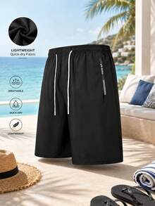 1pc Men's Black Lightweight Breathable Shorts, Men's Beach Shorts With Side Pockets, Letter Print, Drawstring Waist, Casual Vacation Style, Machine Washable, Soft Skin-Friendly Fabric, Summer Daily Beach Wear - Black - View 4