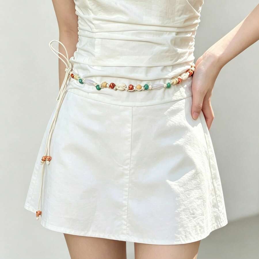 Bohemian Beaded Waist Chain, Natural Shell & Wood Beads Woven Belt, Adjustable Cinch For Vacation Outfits