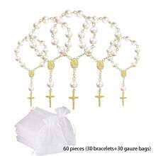 30/60/90pcs/Set Rose Rosary Bracelet, Acrylic 3D Rose Bead Bracelet, Beaded Small Bracelet With Organza Bag, Suitable For Baptism Gifts, First Communion Gifts, Party Favors, Wedding And Other Celebrations 30 To 90pcs - Golden - View 15