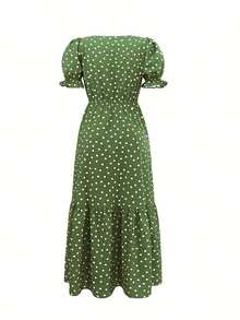 1pc Vestido Casual de Mujer con Lunares, Maxi A-Line con Cuello Cuadrado, Tela, para Primavera/Verano/Otoño - Azul - Ver 9