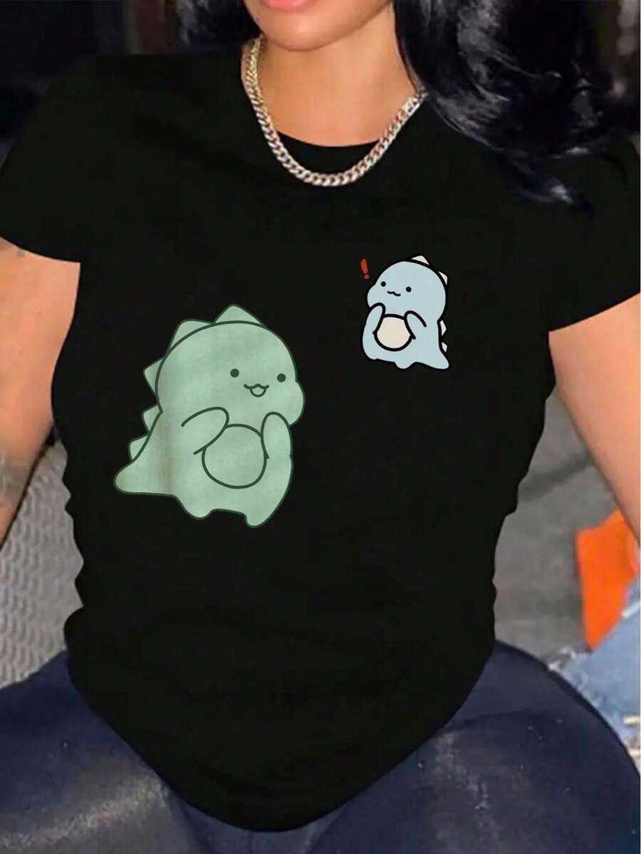 Women's Casual Short Sleeve T-Shirt, 1 Piece, 100% Thick Cotton - Comfortable Round Neck, Soft And Pretty Top - 黑色 - 查看 1