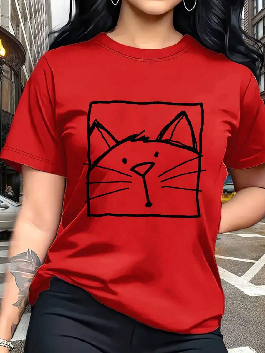 Women's Classic T-Shirt, Soft Pink With Black Cat Face Print - Casual Crew Neck Short Sleeve Top In Pale Pink, Minimalist Casual Outfit, All-Season Comfort, Machine Washable For Women, Cute Clothing For Cat Lovers, Relaxed Fit, Fun Black Cat Design, Breathable Fabric, Versatile For Layering Or Wearing On Its Own, Summer T-Shirt - 紅色 - 查看 1