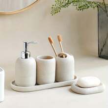 Cream Minimalist Bathroom Set, Lotion Dispenser Bottle & Toothbrush Cup, Nordic Style Bathroom Sink Use, Lotion Dispenser Bottle, Toothbrush Cup, Bathroom Set - Classic - View 8