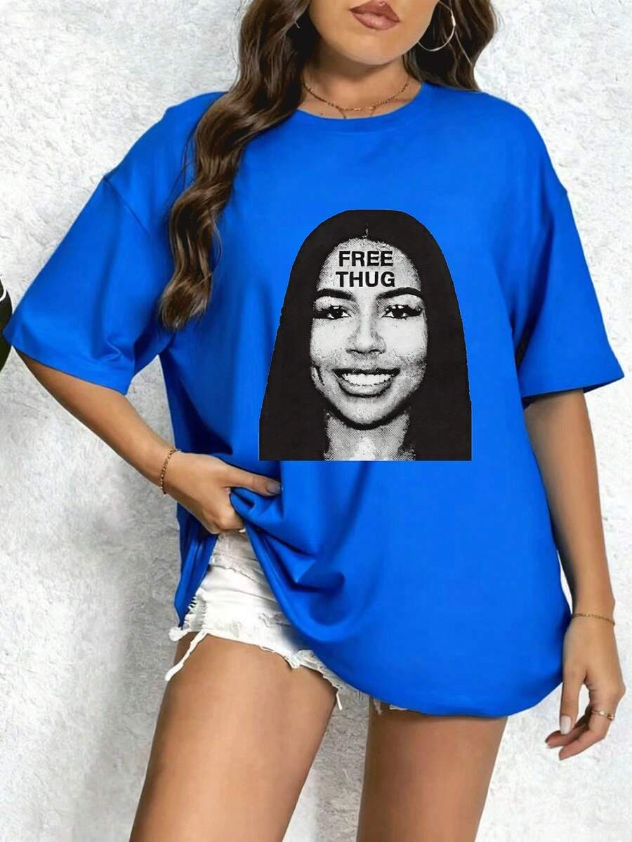 Camiseta Casual de Manga Corta con Estampado de Estrella de Rapero Vintage Payeah, 1 Pieza, 220g, Algodón Grueso - Azul - Ver 1