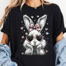 Oversized  Cute Easter Bunnhirt, R Easter Wo Shirt, Preppy Coquette Spring Easter Rabbit Tee - Negro - Ver 1