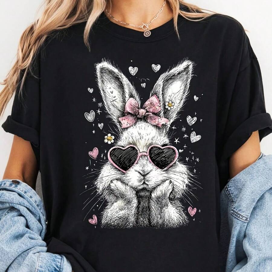 Oversized Cute Easter Bunnhirt, R Easter Wo Shirt, Preppy Coquette Spring Easter Rabbit Tee - Negro - Ver 1